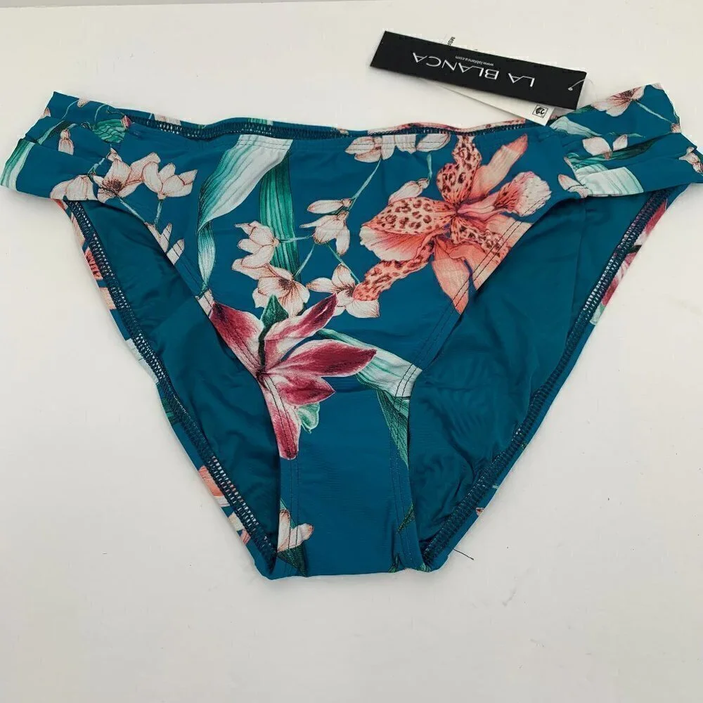 La Blanca Flyaway Orchid Side Ruched Hipster Bikini Bottoms swim blue new 14